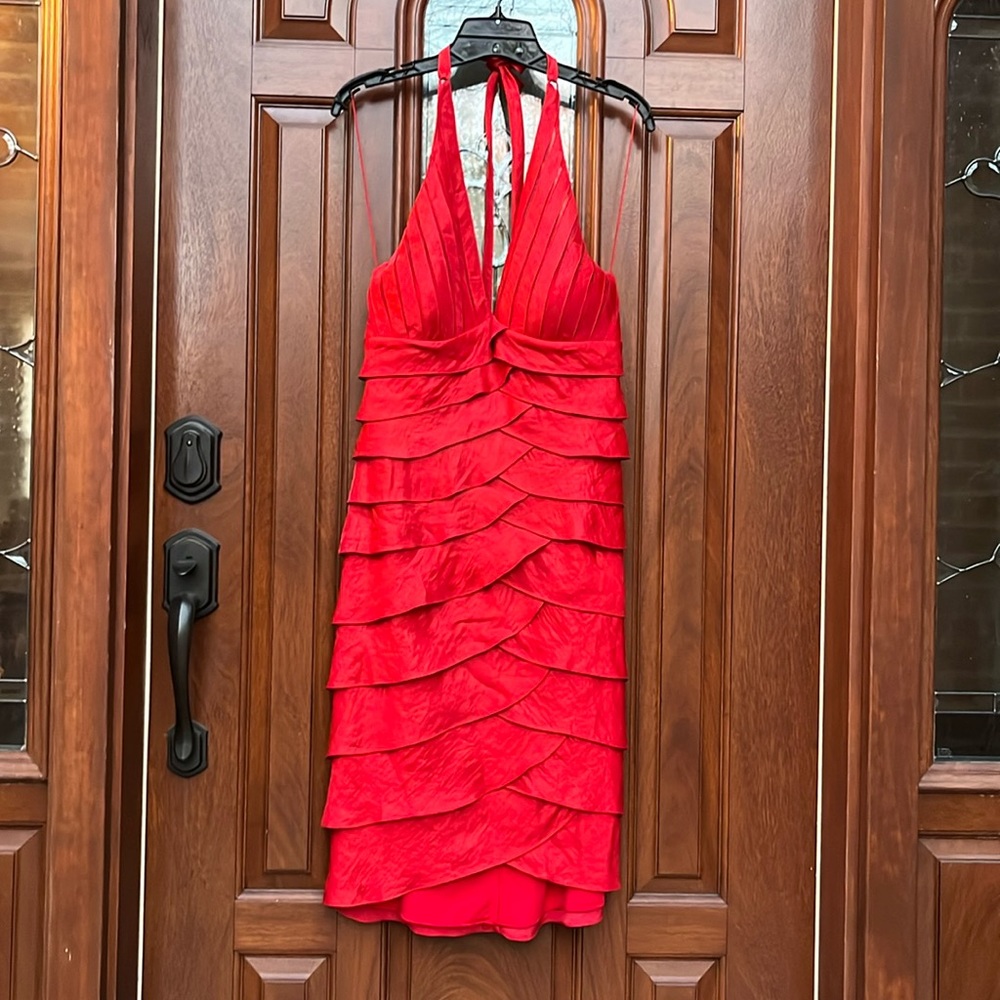 Cache Geranium Red Tiered Shimmery Satin Halter Dress Sz 8